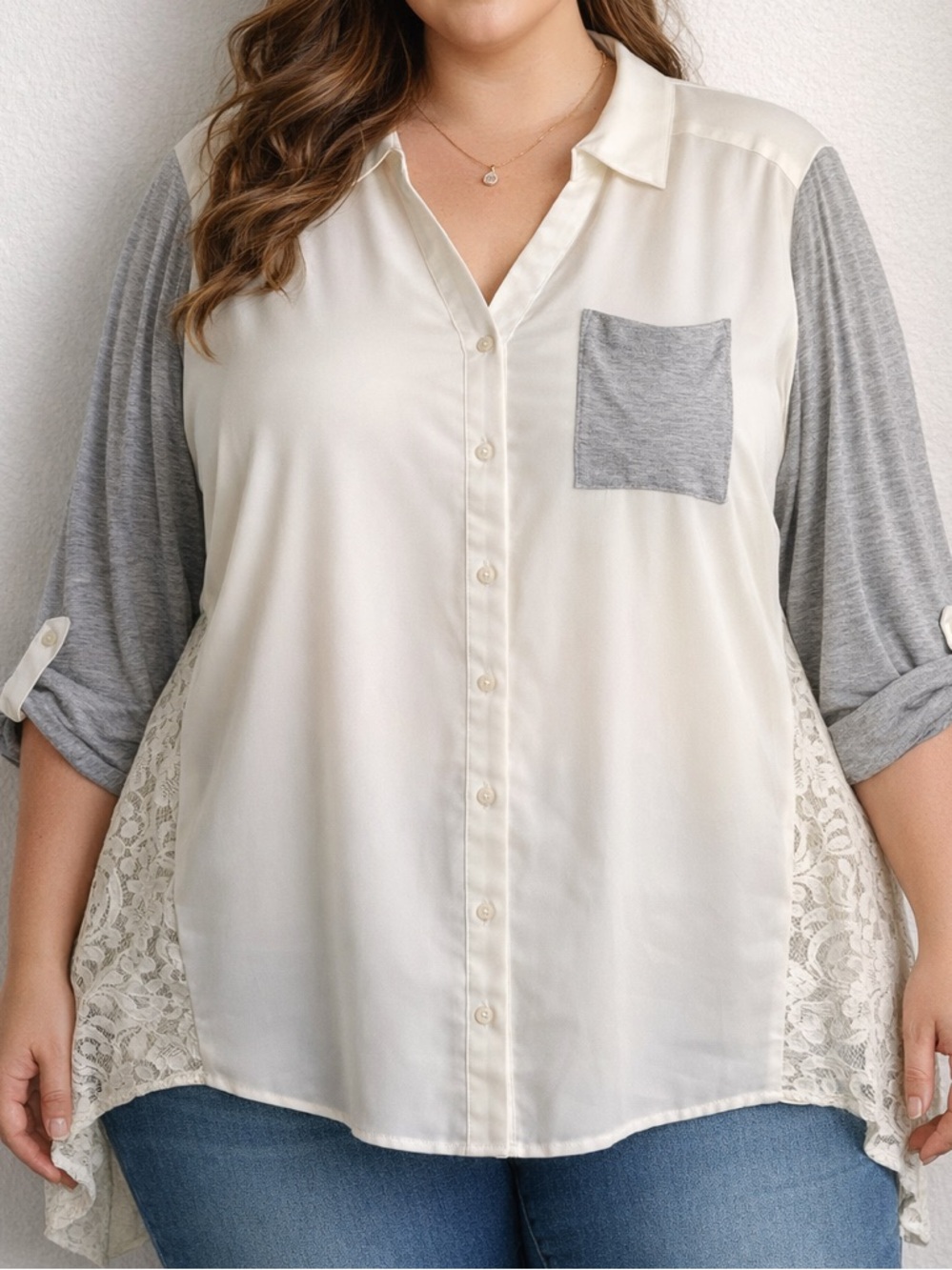 Style & Co. Cream Button-Front Blouse with Gray Sleeve & Pocket Size 2X